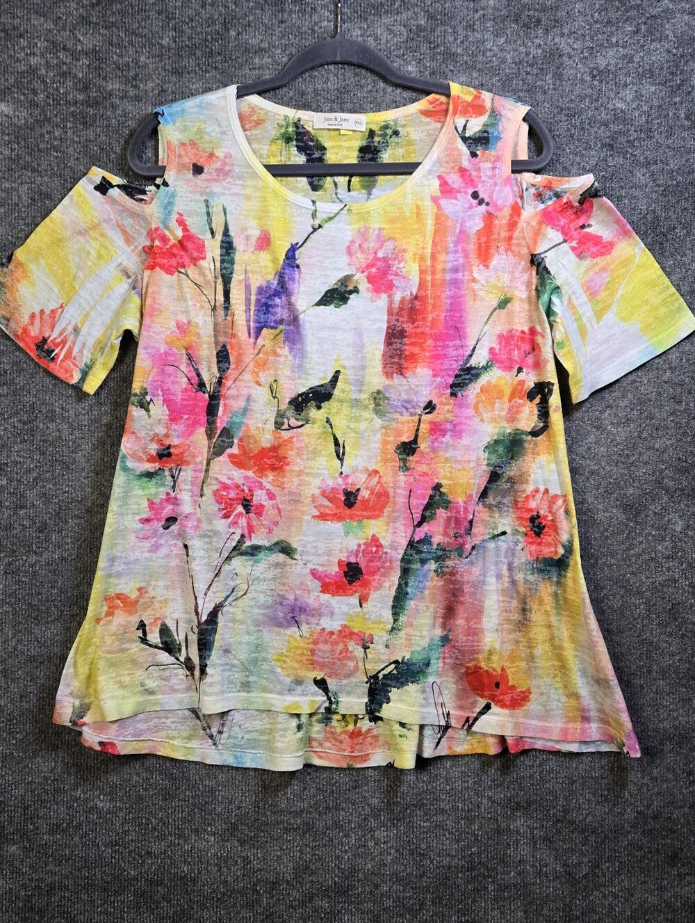 Jess and Jane T Shirt Womens XL Petite Pink Yellow Cold Shoulder Artsy Floral